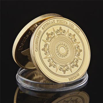Gouden Azteken Zonnekalender Munt Mexico - Vintage Souvenir, Antiek en Kunst, Verzenden