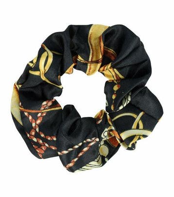 Haarelastiek Scrunchie – Kettingprint – Satijnlook – Zwart, Nieuw