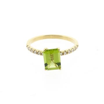 Gouden rijring met peridoot en diamanten; 0,12 ct., Gebruikt, Ophalen of Verzenden, 17 tot 18, Met edelsteen