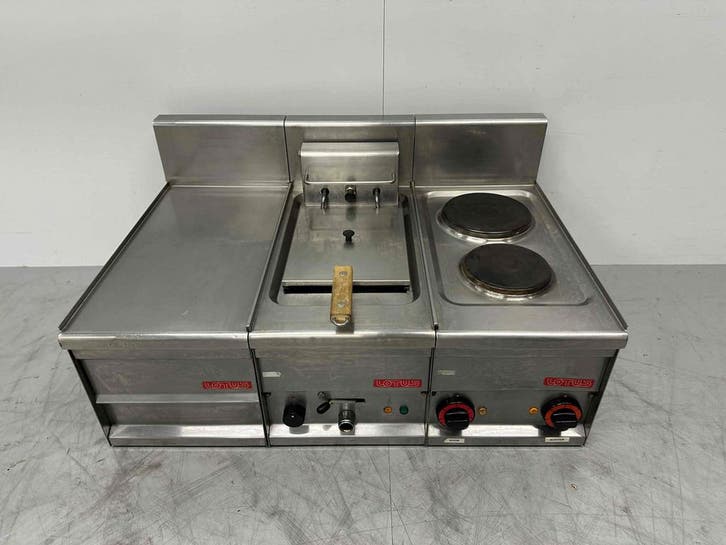RVS Lotus baklijn 2 pits fornuis en friteuse 90 cm 230V, Zakelijke goederen, Horeca | Keukenapparatuur, Gebruikt, Ophalen of Verzenden
