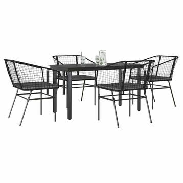 vidaXL 5-delige Tuinset met kussens poly rattan glas zwart, 4 zitplaatsen, Nieuw, Tuinset, Verzenden