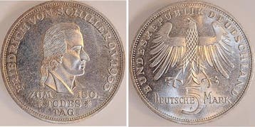 5 Dm Duitsland 5 Mark Dm 1955 F Schiller bfr stgl- f stgl..., Verzenden
