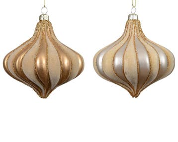 Kerstballen druppelvorm 10 cm flock goud en beige, Ophalen of Verzenden, Nieuw