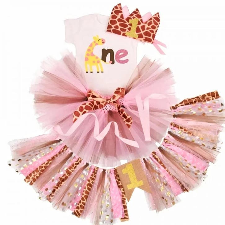 3-delig eerste verjaardag cakesmash setje Giraffe, Kinderen en Baby's, Babykleding | Maat 80, Jurkje of Rokje, Meisje, Nieuw, Verzenden