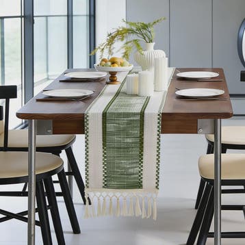 Groene Boho Tafel Runner met Franjes - Handgeweven - Rustiek, Watersport en Boten, Verzenden