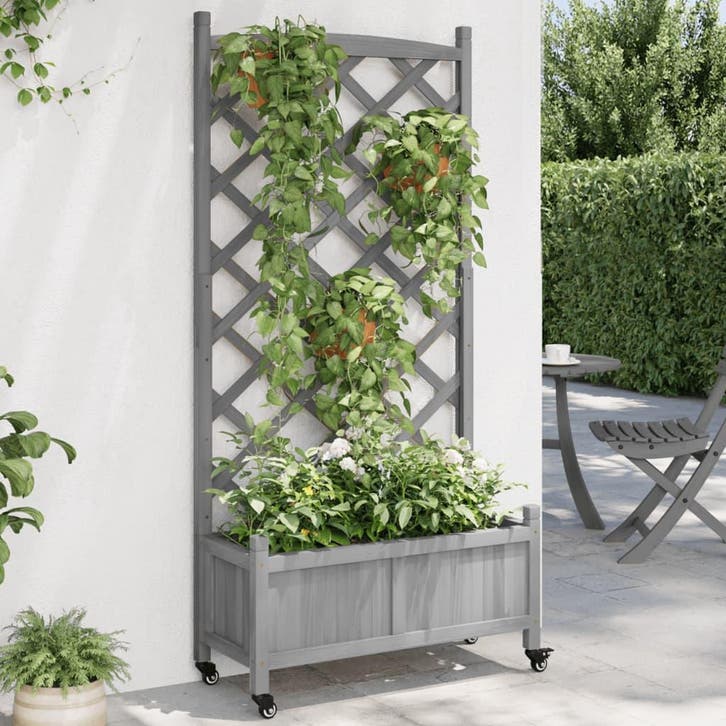vidaXL Plantenbak met latwerk en wielen massief vurenhout, Tuin en Terras, Bloembakken en Plantenbakken, Nieuw, Hout, Verzenden