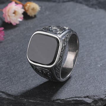 Heren Ring Zwart Onyx Vierkant 12x14mm Vintage Sterling Zilv, Verzenden, Nieuw