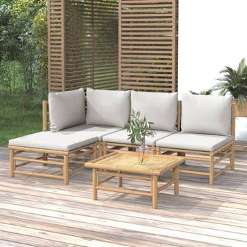 vidaXL 5-delige Loungeset met kussens bamboe lichtgrijs, Verzenden, Nieuw, Hout, Loungeset