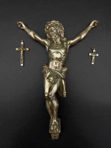 Barok Crucifix (3) - Verzilverd messing, Zilverbrons,