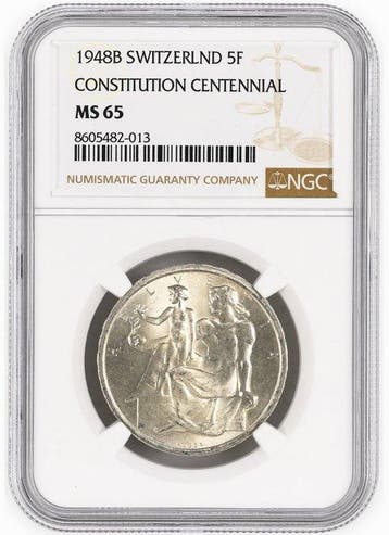Zwitserland. 5 Francs 1948 - NGC MS65 (100th Anniversary of