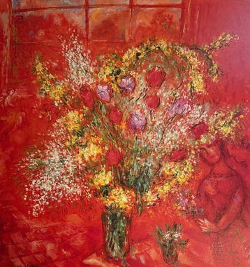 Marc Chagall (1887-1985) - Fleurs sur fond rouge, 1970.”, Antiek en Kunst