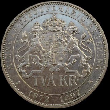 Zweden. Oscar II. 2 Kronor 1897 / Silver Jubilee - 25th, Gestempeld