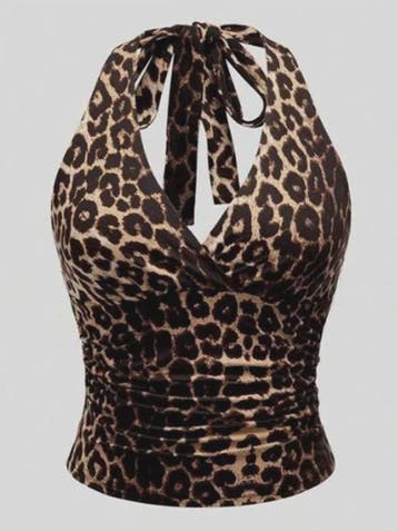 Zomerse Retro Leopard Print Top met Gekruiste Rugband - Mouw