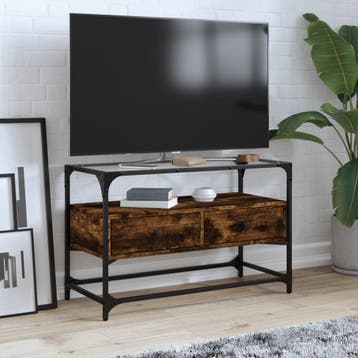 vidaXL Tv-meubel met glazen blad 80x35x51 cm hout gerookt, Verzenden, Nieuw, Overige houtsoorten
