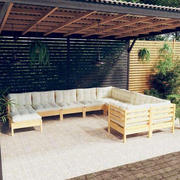 vidaXL 10-delige Loungeset met crèmekleurige kussens, Tuin en Terras, Verzenden, Nieuw, Loungeset