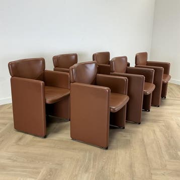 Complete set 6 stuks Design PS148-fauteuil, Centro Progetti, Huis en Inrichting, Stoelen, Gebruikt, Bruin, Leer, Ophalen of Verzenden