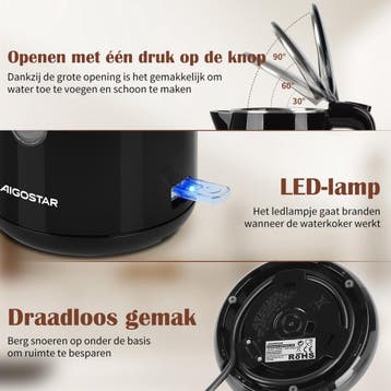 Waterkoker - Retro - Elektrisch - 1.7L - 2200W - Zwart, Witgoed en Apparatuur, Verzenden, Zo goed als nieuw