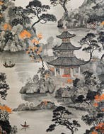 Exclusieve Oosterse stof Zwart-wit - Pagode Artmaison -