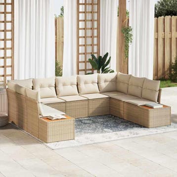 vidaXL Tuinbankenset 9 st Beige Poly riet, Verzenden, Nieuw, Meer dan 8 zitplaatsen