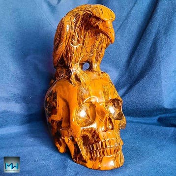 Sculptuur van een kraai op een menselijke schedel, met de