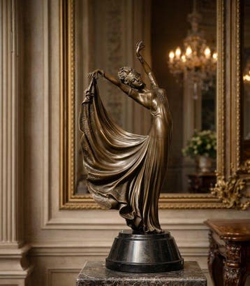 Beeld, (XL) Bronze: Lady with Dress - 57 cm - Brons, Marmer