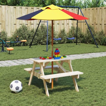 vidaXL Picknicktafel voor 4 kinderen met parasol massief, Tuin en Terras, Tuintafels, Verzenden, Nieuw, Hout