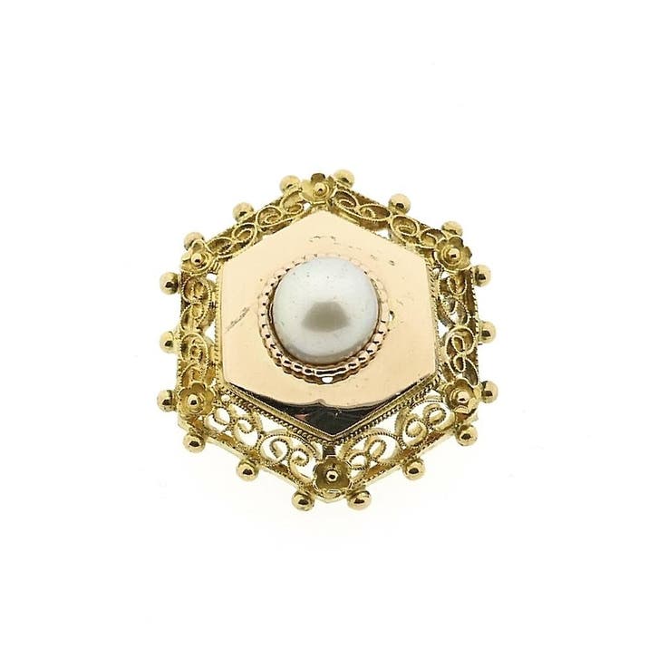 Antiek bicolor gouden broche met parel, Sieraden, Tassen en Uiterlijk, Broches, Goud, Gebruikt, Met edelsteen, Goud, Ophalen of Verzenden