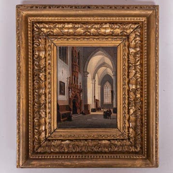 Schilderij kerkinterieur, De Cauwer 1855 - Hout - 1850-1900