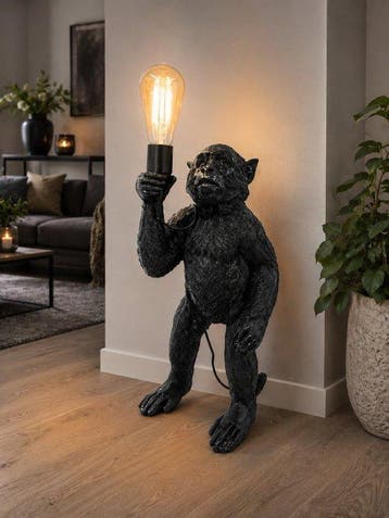 Beeld, staande aap met lamp - 52 cm - polyresin