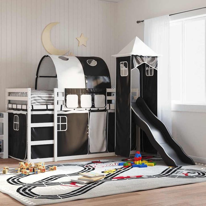 vidaXL Stapelbed met glijbaan en gordijnen wit en zwart, Huis en Inrichting, Slaapkamer | Bedden, 90 cm, 200 cm, Zwart, Eenpersoons