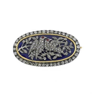 Antiek gouden broche met diamanten en robijn ca. 0,81 ct., Sieraden, Tassen en Uiterlijk, Broches, Gebruikt, Overige kleuren, Ophalen of Verzenden