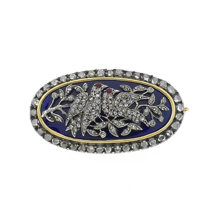 Antiek gouden broche met diamanten en robijn ca. 0,81 ct., Sieraden, Tassen en Uiterlijk, Broches, Zilver, Gebruikt, Met edelsteen