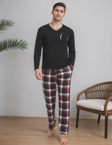 Herenset: Geruite Katoenen Pyjama met V-hals, Lange Mouwen e, Verzenden, Nieuw