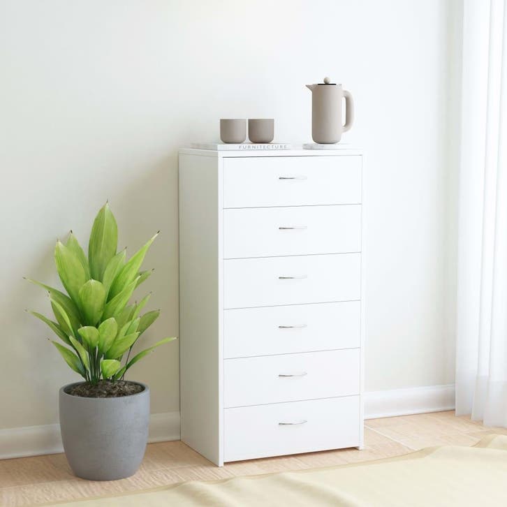 vidaXL Dressoir met 6 lades 50x34x96 cm bewerkt hout wit, Huis en Inrichting, Kasten | Dressoirs, 25 tot 50 cm, Nieuw, 50 tot 100 cm