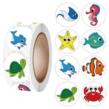 500 Stickers Op Rol - 2.5cm - Vissen & Zeedieren -, Verzenden, Nieuw