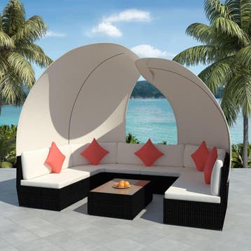vidaXL 9-delige Loungeset met luifels poly rattan zwart, Meer dan 8 zitplaatsen, Nieuw, Loungeset, Verzenden