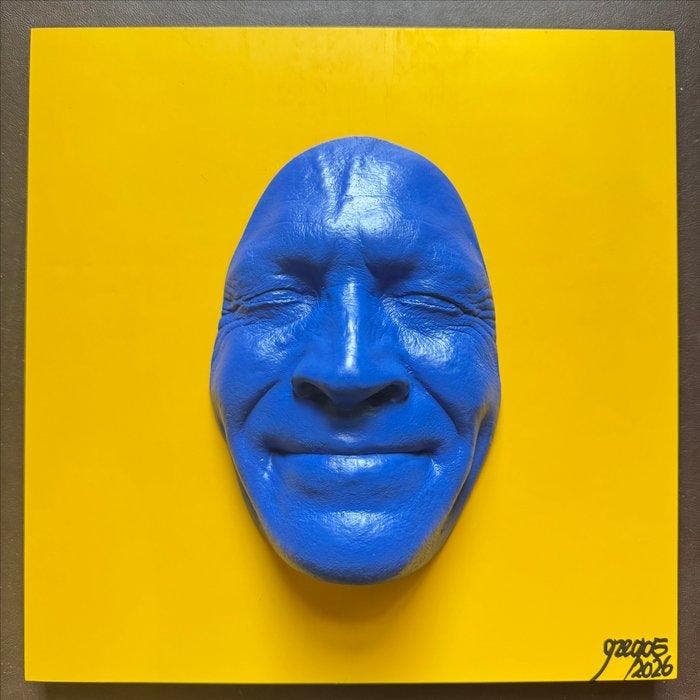 gregos - Blue smile on yellow background, Antiek en Kunst, Kunst | Designobjecten