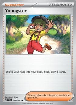 Youngster 198/198 reverse holo Scarlet en Violet, Hobby en Vrije tijd, Verzamelkaartspellen | Pokémon, Losse kaart, Nieuw, Foil