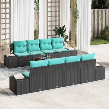 vidaXL Tuinbankenset 9 st Zwart en Turquoise poly rattan, Verzenden, Nieuw, Meer dan 8 zitplaatsen
