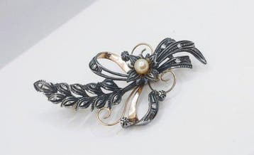 Broche - 19.2 kt. Geel goud, Zilver Parel - Diamant, Sieraden, Tassen en Uiterlijk, Antieke sieraden