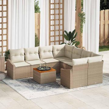 vidaXL Tuinbankenset met opslag 9 pcs Beige en Crème poly, Verzenden, Nieuw, Rotan, Meer dan 8 zitplaatsen