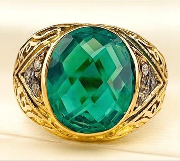 Zonder minimumprijs - Ring - 9 kt. Geel goud, Zilver Smaragd, Nieuw