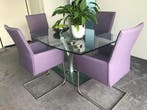 Set van 4 leren eetkamerstoelen met sledepoot - paars leer, Ophalen of Verzenden, Nieuw, Leer