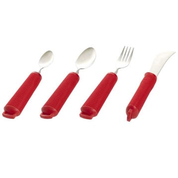 Aangepast bestek 4-delig verdikt, buigzaam, extra grip. ROOD, Diversen, Verpleegmiddelen, Ophalen of Verzenden, Nieuw