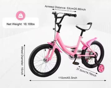 16 Inch Kinderfiets Met Zijwielen Verstelbaar Zadel En Stuur, Verzenden, Nieuw