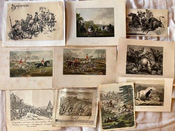 Hunting on horseback - 10 partly coloured etchings -, Antiek en Kunst