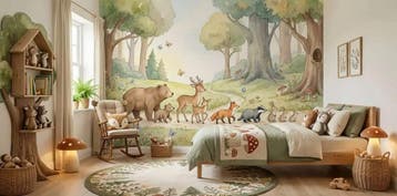 Bosdieren behang babykamer – fotobehang met dierenoptocht, Verzenden, Fotobehang