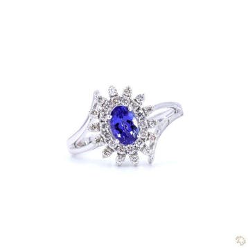 Ring - 14 karaat Witgoud - 0.96ct. tw. Tanzaniet - Diamant, Nieuw