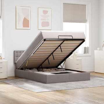 vidaXL Bed poef met matras en LEDs 140x200 cm stof taupe, Verzenden, 140 cm, 200 cm, Stof