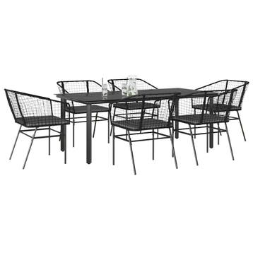 vidaXL 7-delige Tuinset met kussens poly rattan glas zwart, 6 zitplaatsen, Nieuw, Tuinset, Verzenden